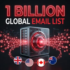A professional marketplace product thumbnail, presented in a high-tech cinematic style. The background is a deep charcoal black gradient. The central focus is a large, stylized 3D representation of a futuristic digital server rack and a glowing data hub, pulsing with ruby red energy. Massive, glowing red typography dominates the top, reading: "1 BILLION." Below this, in clean white and red capital letters, it reads: "GLOBAL EMAIL LIST." Data streams, visualized as glowing red '@' symbols and email envelope icons, flow dynamically out of the server hub, connecting to stylized icons of flags representing the UK, USA, Canada, and Australia, arranged in a semicircle. The overall composition is sleek and professional, with dramatic studio lighting and depth of field. Subtle data network patterns are visible in the background. Highly detailed, high resolution.