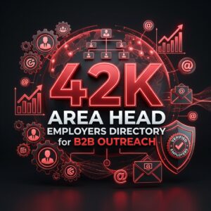 A professional and premium e-commerce marketplace product thumbnail designed in a sleek, high-tech B2B corporate digital style. The background is a sophisticated matte black and deep charcoal gradient. Dominating the center is massive, glowing ruby red 3D typography reading "42K". Directly below it, clean, crisp white and sharp red modern text reads "AREA HEAD EMPLOYERS DIRECTORY for B2B OUTREACH". The central text composition is set against a subtle, glowing red futuristic 3D wireframe that combines a rotating globe showing localized corporate network nodes with an organizational hierarchy chart structure, symbolizing leadership responsibility and broad business reach. Surrounding the composition are detailed, interconnected glowing red elements: intricate gears interacting with management icons (stylized business suit silhouettes) and company logos, symbolizing active corporate directories and targeted outreach. Also included are upward trending B2B business growth charts, secure digital email envelopes, and futuristic floating '@' symbols pulsing with red light. A prominent, secure digital shield with a "VERIFIED EMPLOYERS" seal is integrated on the right side. Flowing data streams represent a premium, consolidated, and highly targeted business database. The lighting is cinematic and dramatic, with deep ambient shadows, crisp reflections, and vibrant red neon backlighting, creating a high-end corporate digital asset look. High resolution, hyper-realistic 3D render, clean professional marketplace presentation.